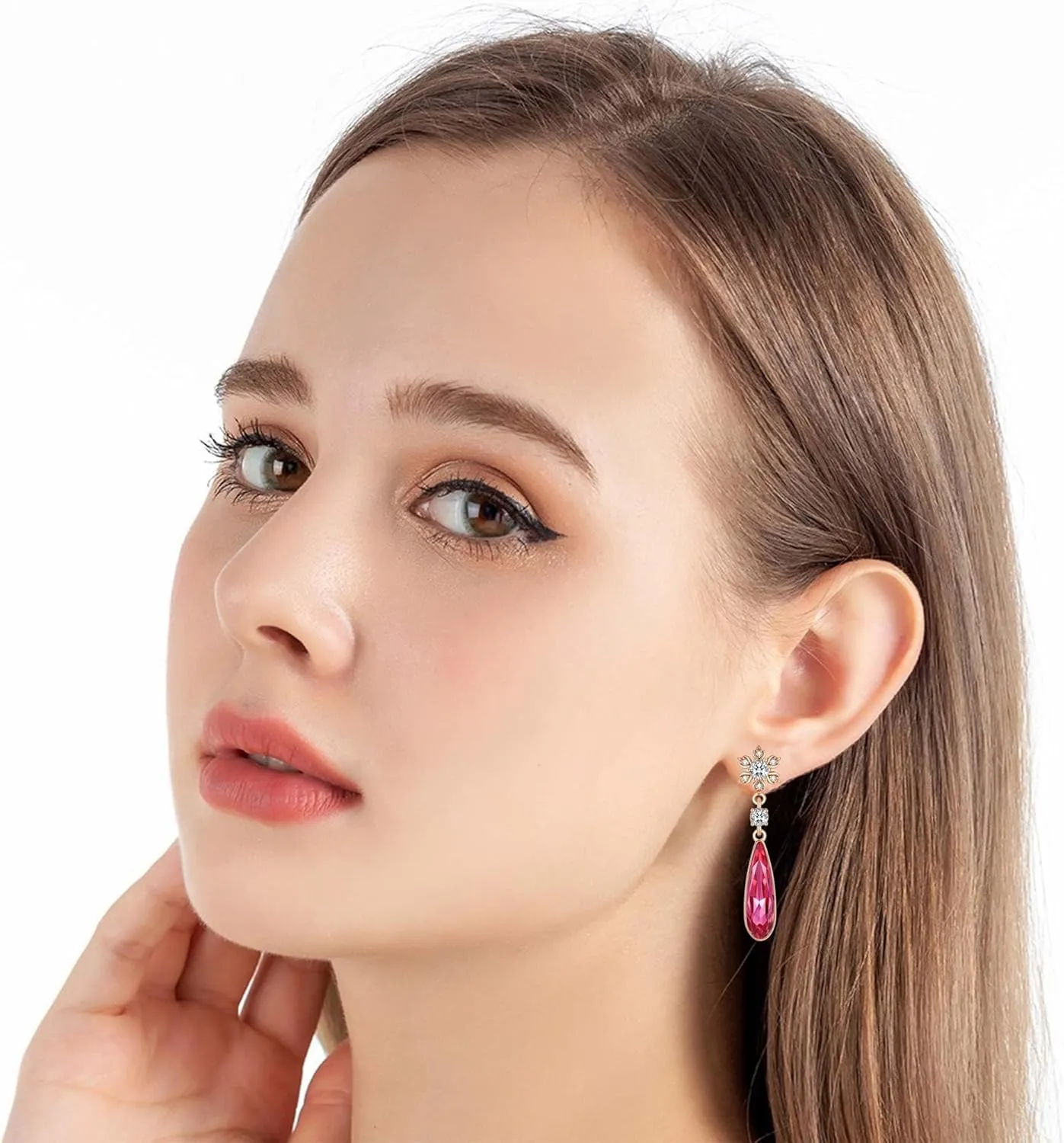 Austrian Crystal Teardrop Earrings Flower Dangle Earrings for Women 14K Gold Plated Drop Stud Earrings Hypoallergenic Jewelry