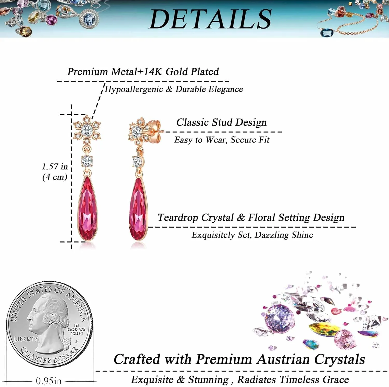 Austrian Crystal Teardrop Earrings Flower Dangle Earrings for Women 14K Gold Plated Drop Stud Earrings Hypoallergenic Jewelry