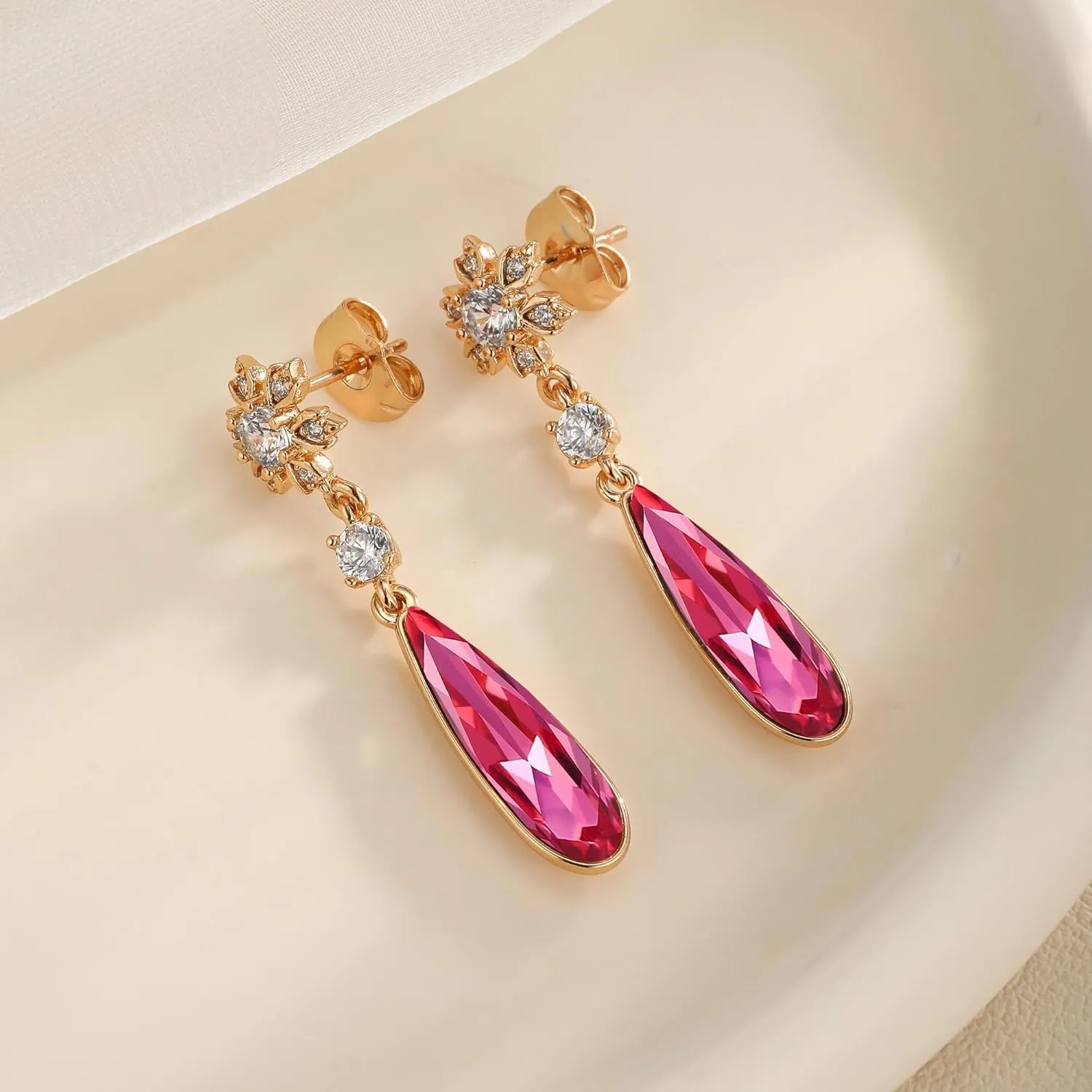 Austrian Crystal Teardrop Earrings Flower Dangle Earrings for Women 14K Gold Plated Drop Stud Earrings Hypoallergenic Jewelry