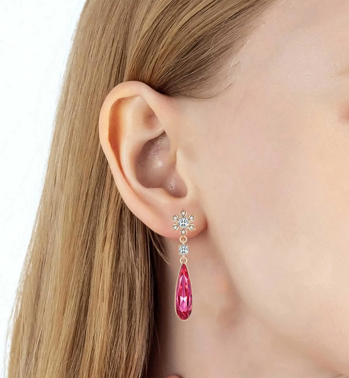 Austrian Crystal Teardrop Earrings Flower Dangle Earrings for Women 14K Gold Plated Drop Stud Earrings Hypoallergenic Jewelry