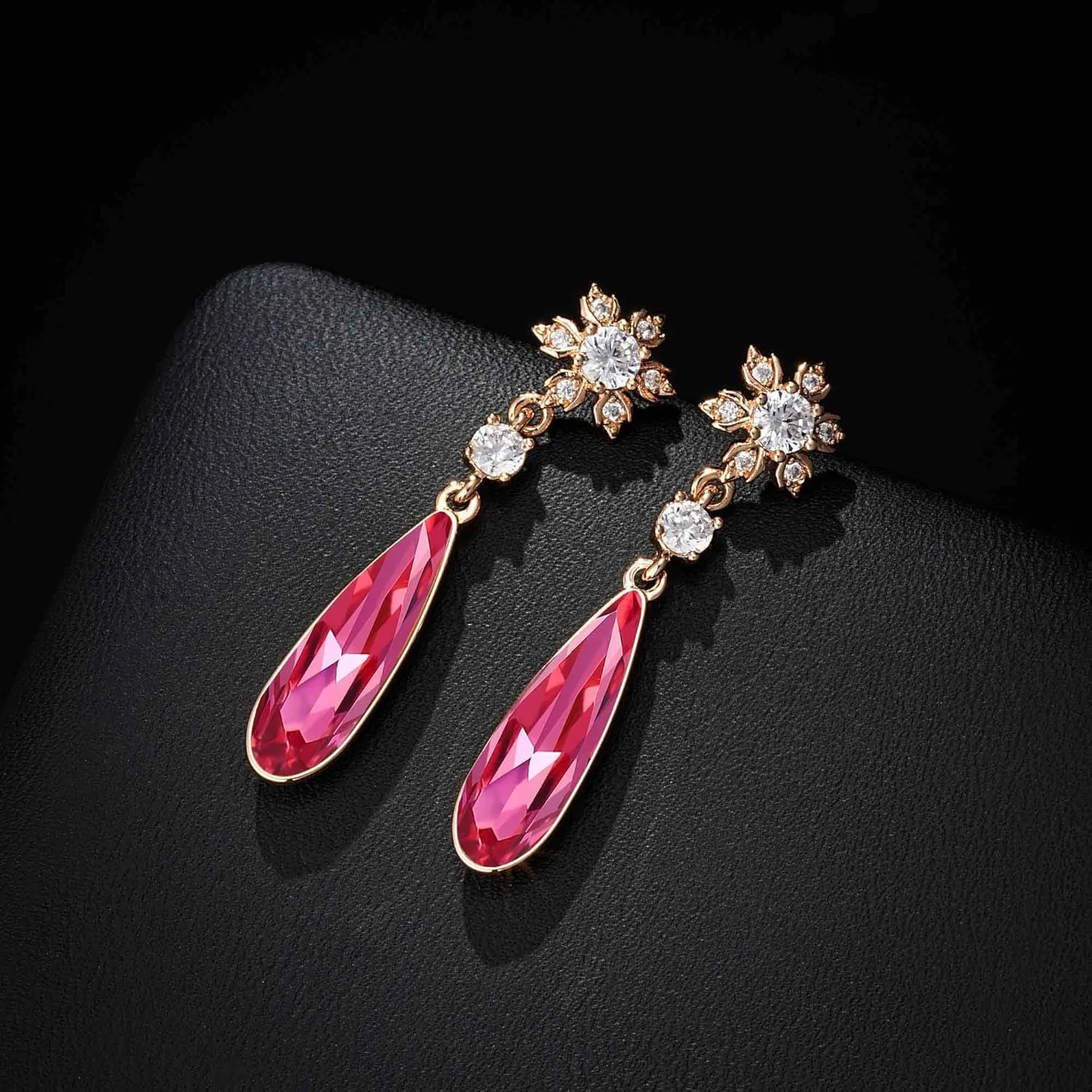 Austrian Crystal Teardrop Earrings Flower Dangle Earrings for Women 14K Gold Plated Drop Stud Earrings Hypoallergenic Jewelry