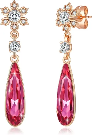 Austrian Crystal Teardrop Earrings Flower Dangle Earrings for Women 14K Gold Plated Drop Stud Earrings Hypoallergenic Jewelry