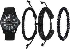 Avaner Men's Bracelet Watch Set, 4 Pcs Wrist Set With Military Nylon Strap Quartz and Black Leather Bracelets