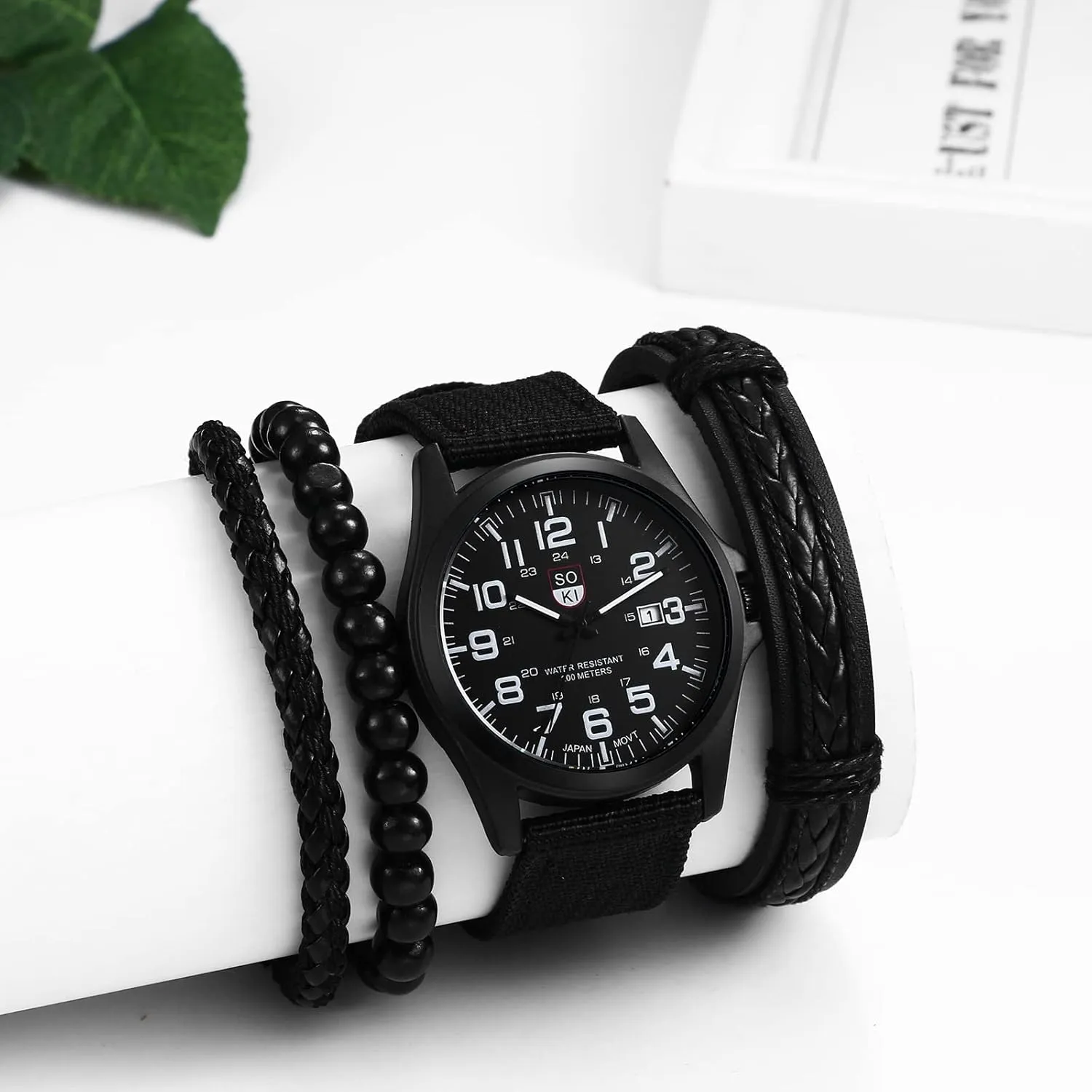 Avaner Men's Bracelet Watch Set, 4 Pcs Wrist Set With Military Nylon Strap Quartz and Black Leather Bracelets