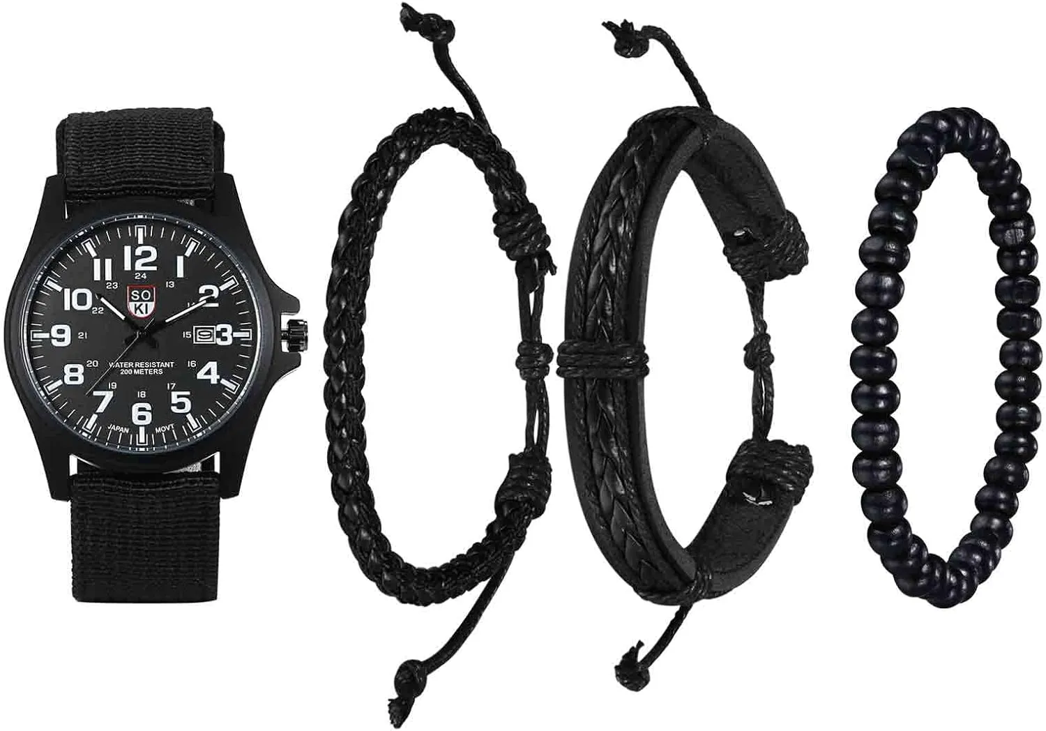 Avaner Men's Bracelet Watch Set, 4 Pcs Wrist Set With Military Nylon Strap Quartz and Black Leather Bracelets