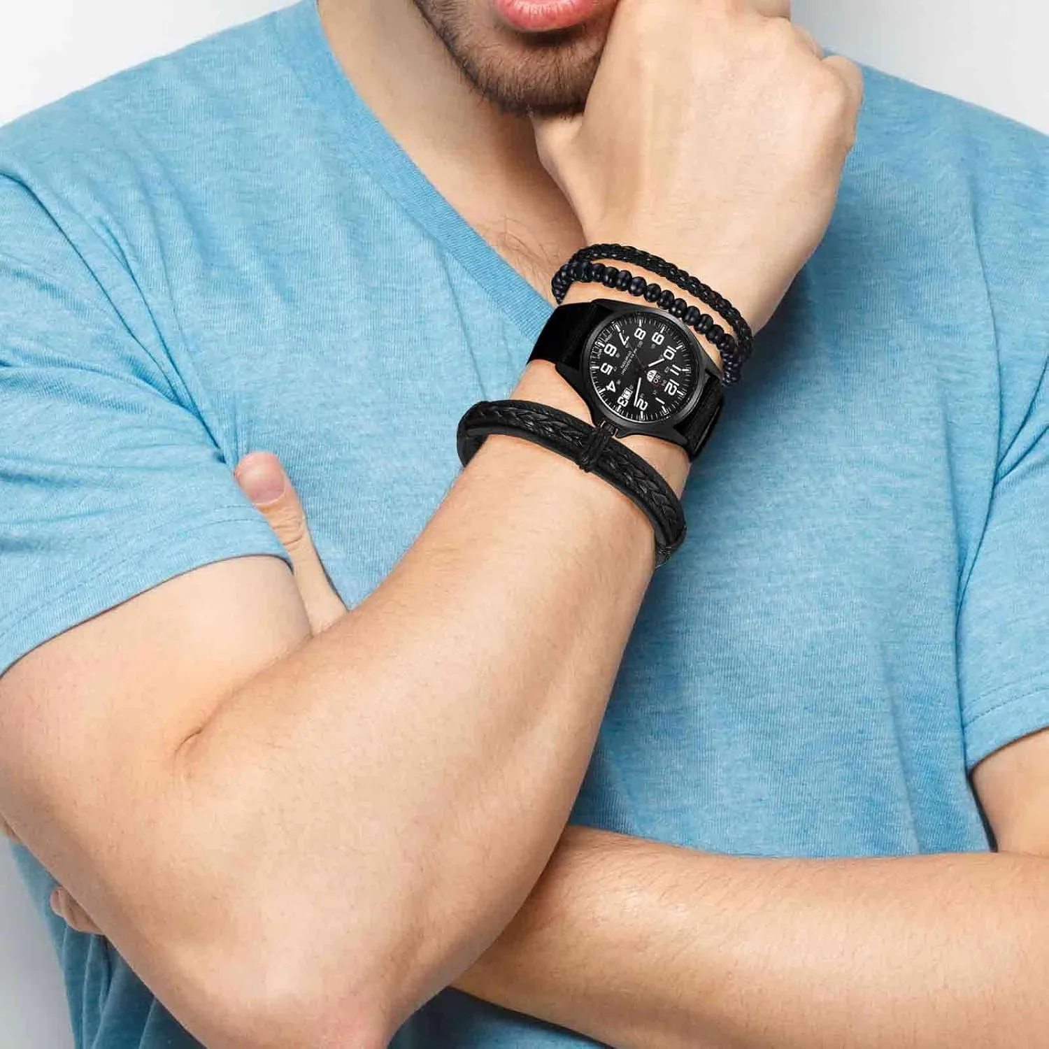 Avaner Men's Bracelet Watch Set, 4 Pcs Wrist Set With Military Nylon Strap Quartz and Black Leather Bracelets
