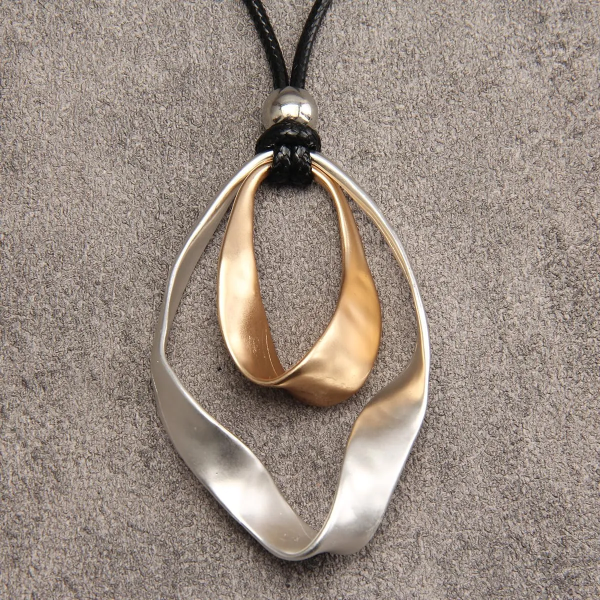 AZORA Handmade Bronze Color Multiple Ring Pendant Necklace Boho Style Long Leather Rope Sweater Necklace for Women