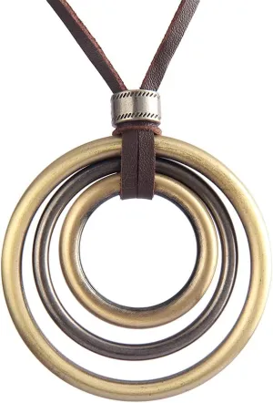 AZORA Handmade Bronze Color Multiple Ring Pendant Necklace Boho Style Long Leather Rope Sweater Necklace for Women