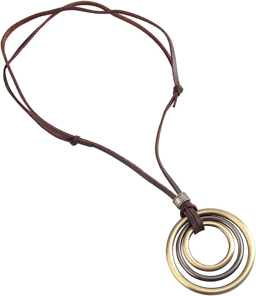 AZORA Handmade Bronze Color Multiple Ring Pendant Necklace Boho Style Long Leather Rope Sweater Necklace for Women