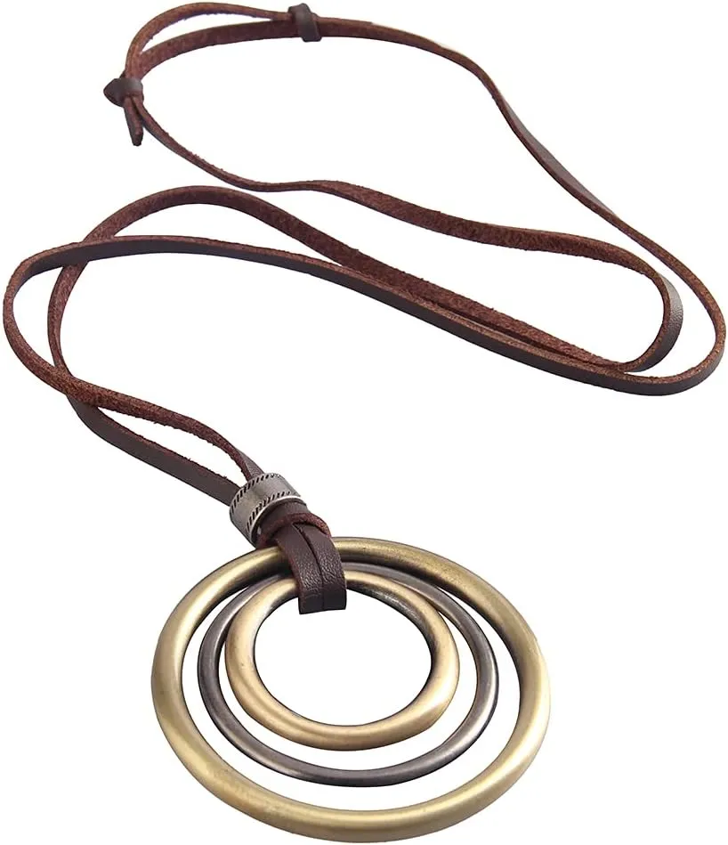 AZORA Handmade Bronze Color Multiple Ring Pendant Necklace Boho Style Long Leather Rope Sweater Necklace for Women