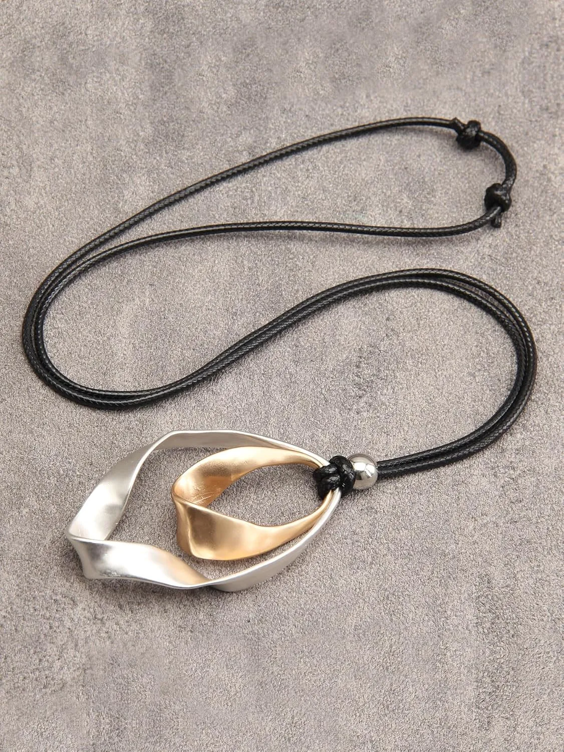AZORA Handmade Bronze Color Multiple Ring Pendant Necklace Boho Style Long Leather Rope Sweater Necklace for Women