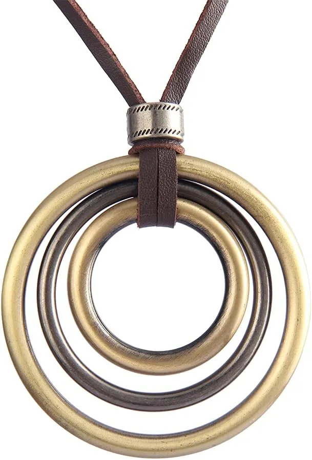 AZORA Handmade Bronze Color Multiple Ring Pendant Necklace Boho Style Long Leather Rope Sweater Necklace for Women