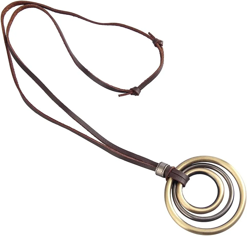 AZORA Handmade Bronze Color Multiple Ring Pendant Necklace Boho Style Long Leather Rope Sweater Necklace for Women