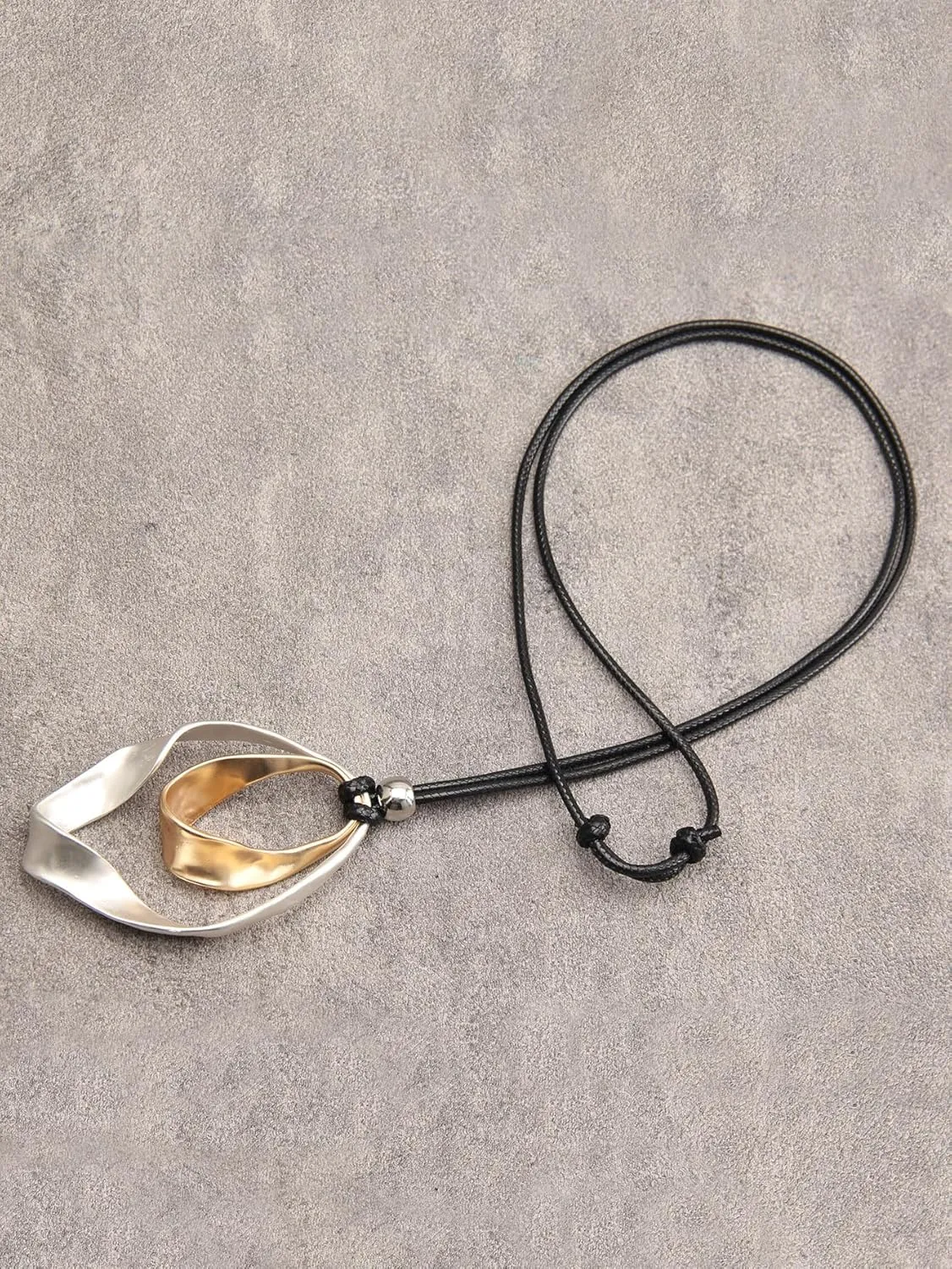 AZORA Handmade Bronze Color Multiple Ring Pendant Necklace Boho Style Long Leather Rope Sweater Necklace for Women
