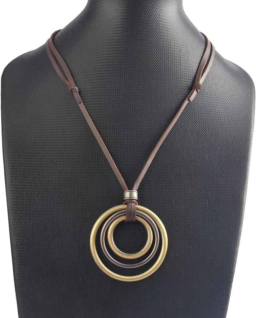 AZORA Handmade Bronze Color Multiple Ring Pendant Necklace Boho Style Long Leather Rope Sweater Necklace for Women