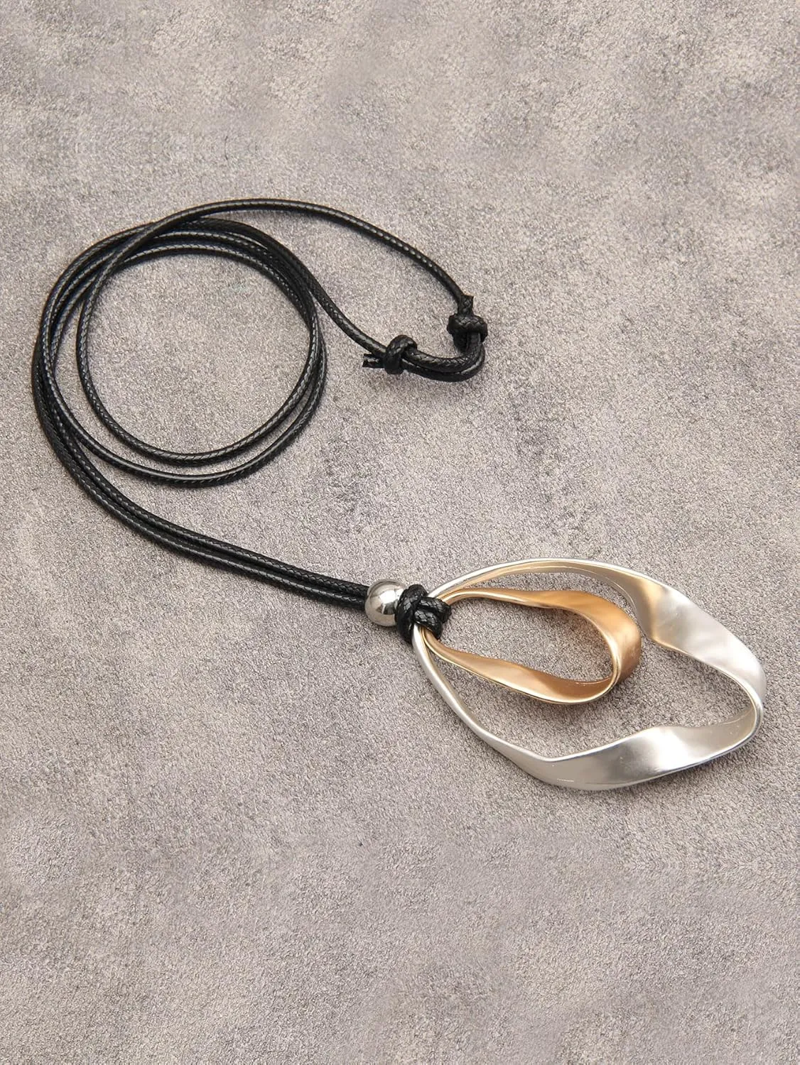 AZORA Handmade Bronze Color Multiple Ring Pendant Necklace Boho Style Long Leather Rope Sweater Necklace for Women