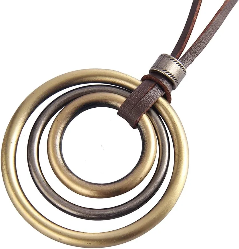AZORA Handmade Bronze Color Multiple Ring Pendant Necklace Boho Style Long Leather Rope Sweater Necklace for Women