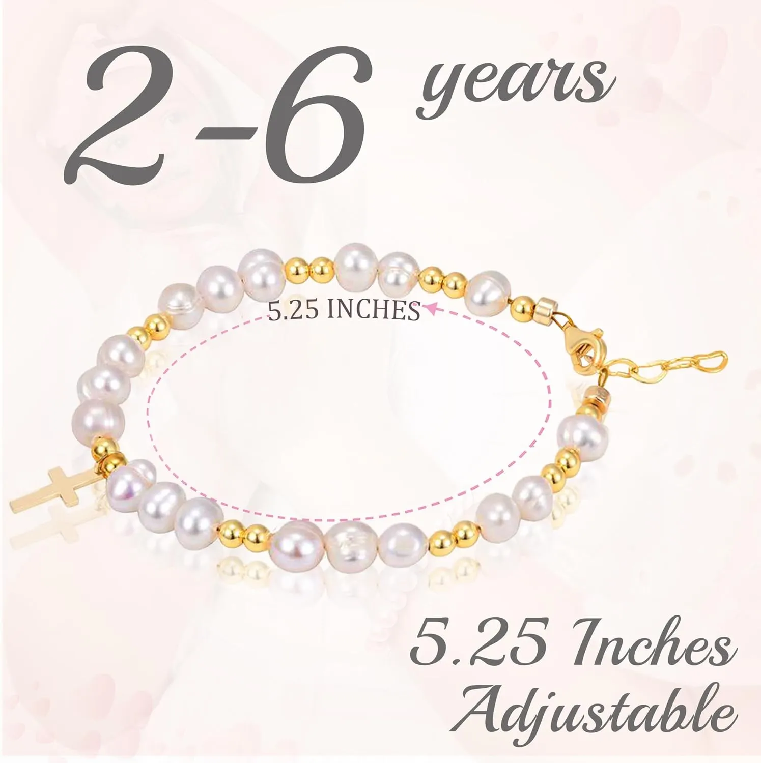 Baby Girl 14K Gold Plated Beads Cross Bracelet, White Cultured Freshwater Pearls, Beaded Bracelets for Girls, Birthday Girl, Christening, Communion, Baptism Gifts for Girl