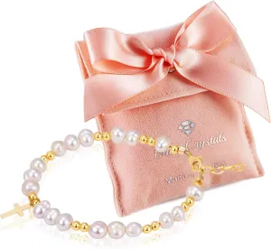 Baby Girl 14K Gold Plated Beads Cross Bracelet, White Cultured Freshwater Pearls, Beaded Bracelets for Girls, Birthday Girl, Christening, Communion, Baptism Gifts for Girl
