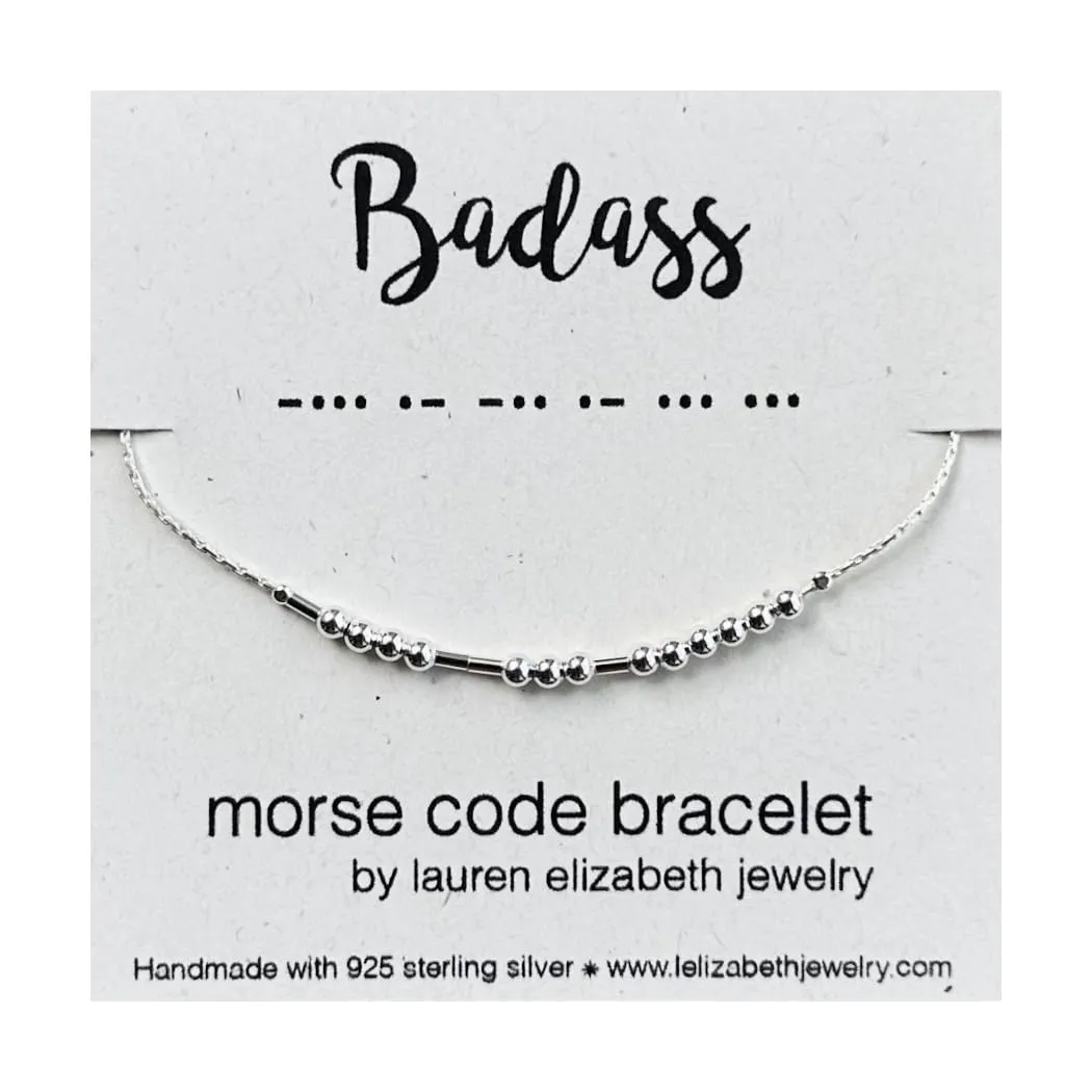 'Badass' Morse Code Bracelet - 925 Sterling Silver Bracelet for Women - Dainty Delicate Inspirational Gift for Her - Handmade in USA (925 Sterling Silver, Badass, 7" bracelet w/1" chain)