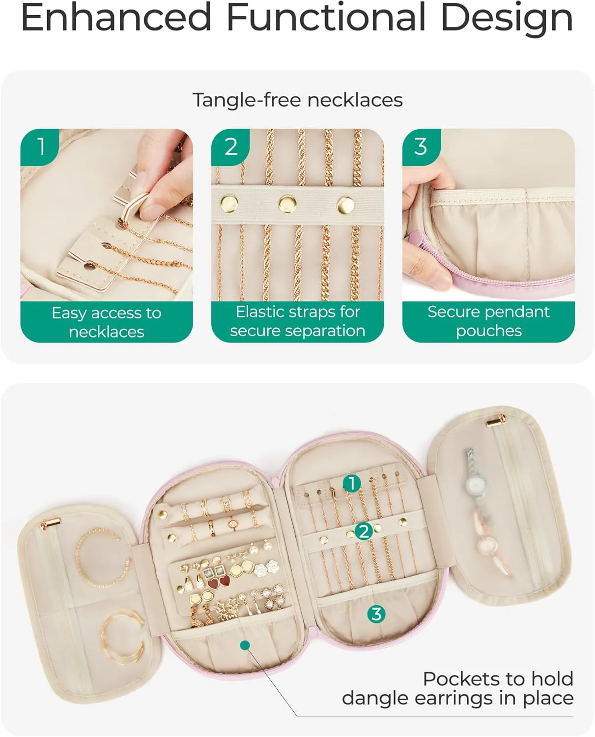 BAGSMART Travel Jewelry Case Jewelry Organizer Storage Roll Rings Necklaces Earrings Bracelets Brooches Watch Large Portable Dark Pink