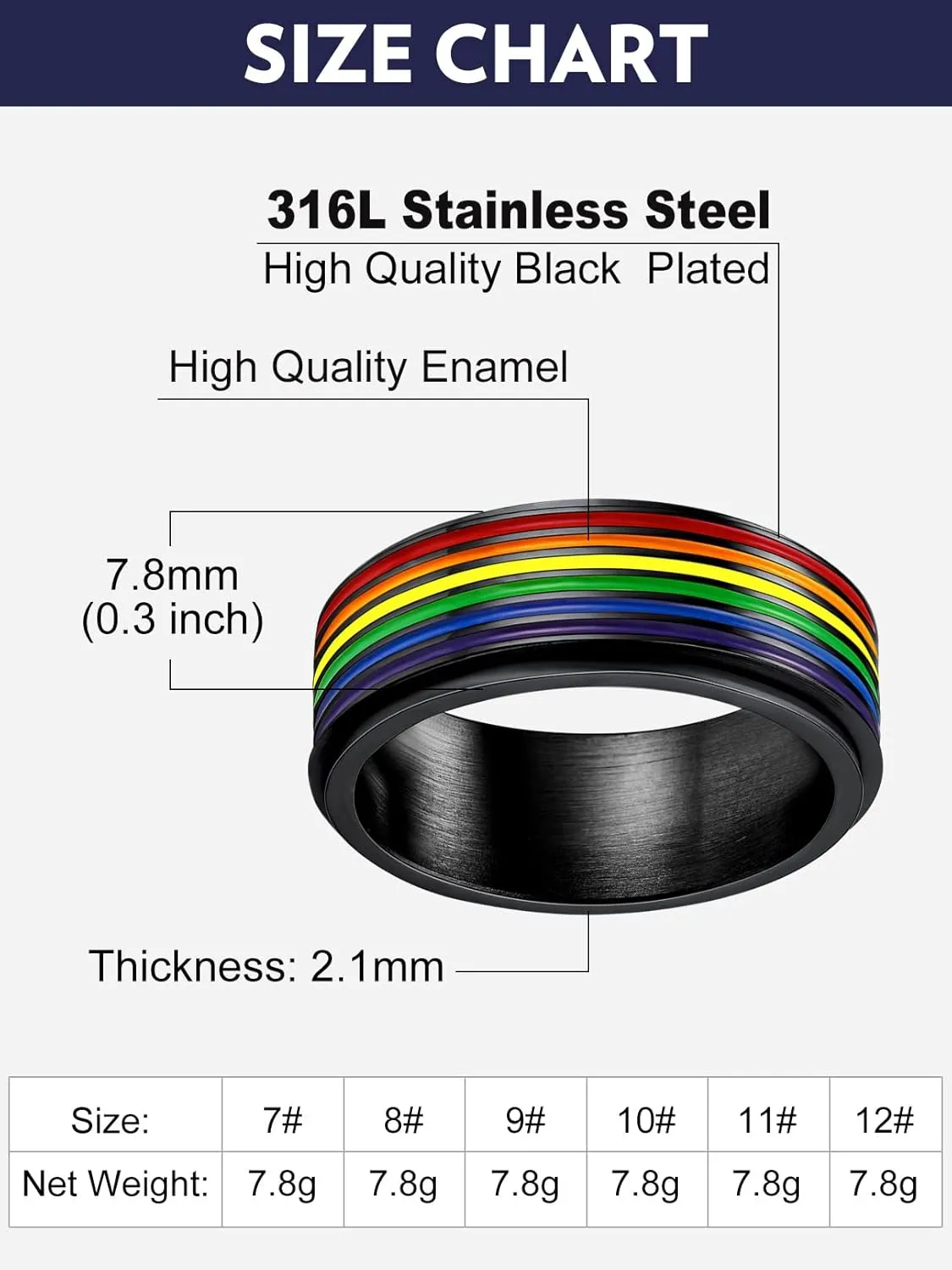 Bandmax Unisex Rainbow Fidget Rings Silver/Gold/Black Cute Band Rings Colorful Stripes/Matte/Hollow Spinner Rings LGBT Gay Pride Jewelry Size 7-12