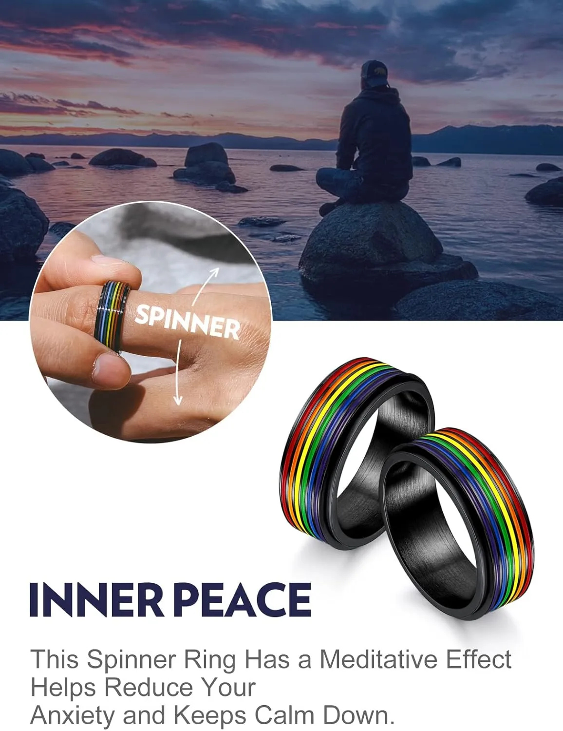 Bandmax Unisex Rainbow Fidget Rings Silver/Gold/Black Cute Band Rings Colorful Stripes/Matte/Hollow Spinner Rings LGBT Gay Pride Jewelry Size 7-12