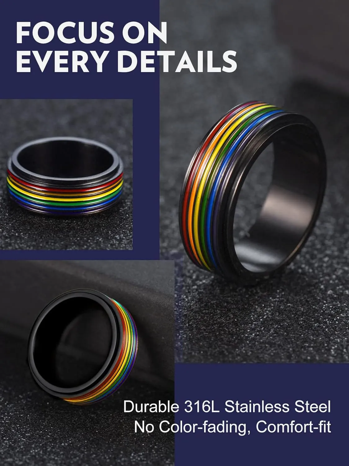 Bandmax Unisex Rainbow Fidget Rings Silver/Gold/Black Cute Band Rings Colorful Stripes/Matte/Hollow Spinner Rings LGBT Gay Pride Jewelry Size 7-12