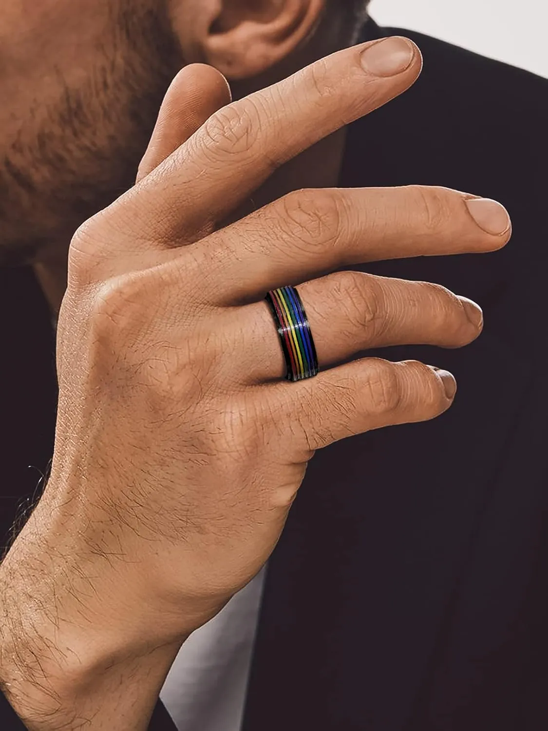 Bandmax Unisex Rainbow Fidget Rings Silver/Gold/Black Cute Band Rings Colorful Stripes/Matte/Hollow Spinner Rings LGBT Gay Pride Jewelry Size 7-12