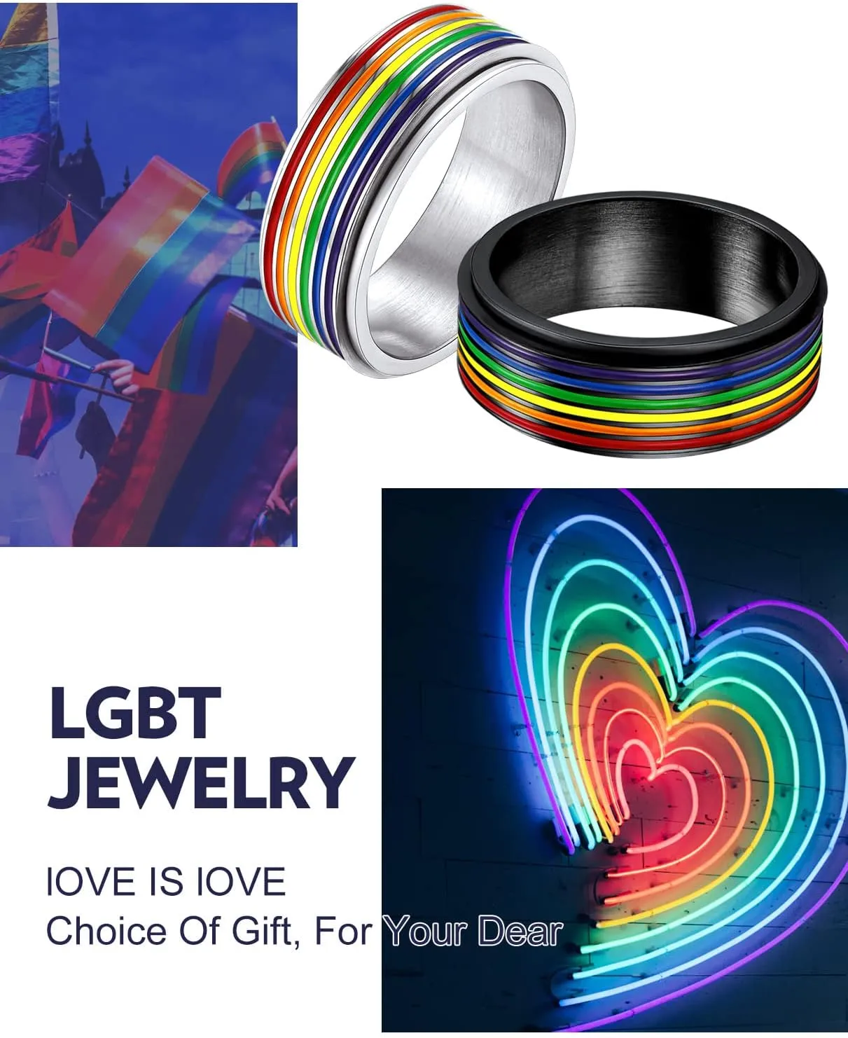 Bandmax Unisex Rainbow Fidget Rings Silver/Gold/Black Cute Band Rings Colorful Stripes/Matte/Hollow Spinner Rings LGBT Gay Pride Jewelry Size 7-12