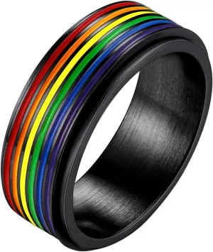 Bandmax Unisex Rainbow Fidget Rings Silver/Gold/Black Cute Band Rings Colorful Stripes/Matte/Hollow Spinner Rings LGBT Gay Pride Jewelry Size 7-12