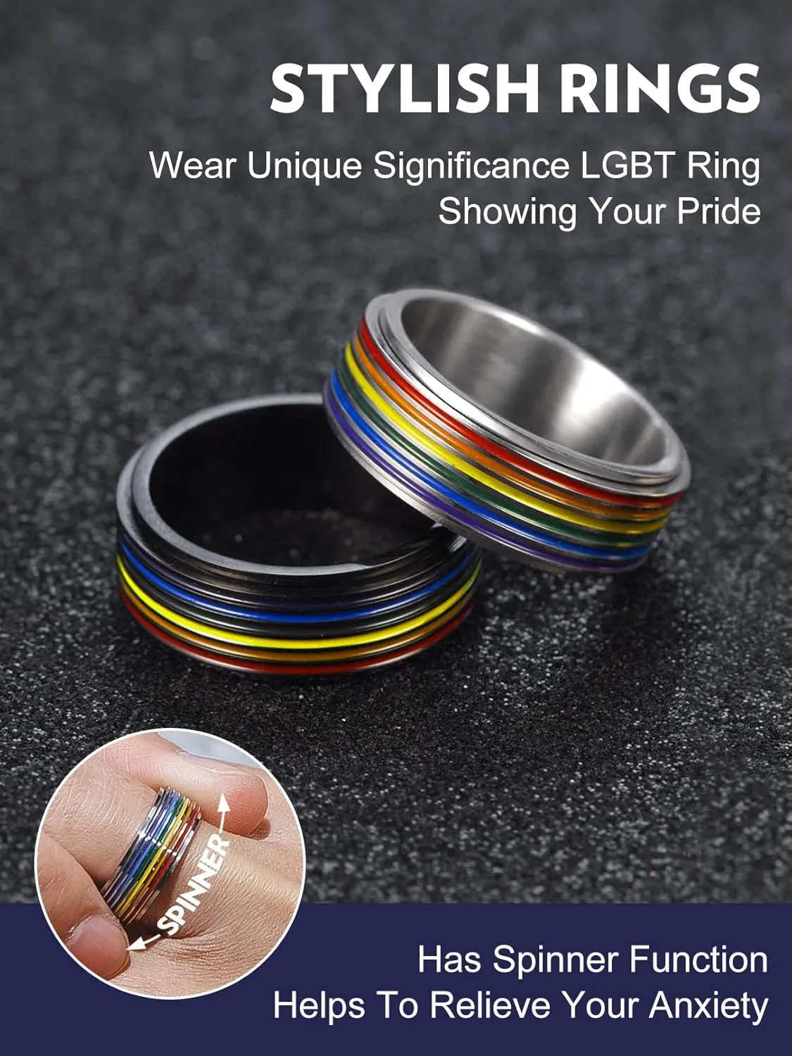 Bandmax Unisex Rainbow Fidget Rings Silver/Gold/Black Cute Band Rings Colorful Stripes/Matte/Hollow Spinner Rings LGBT Gay Pride Jewelry Size 7-12