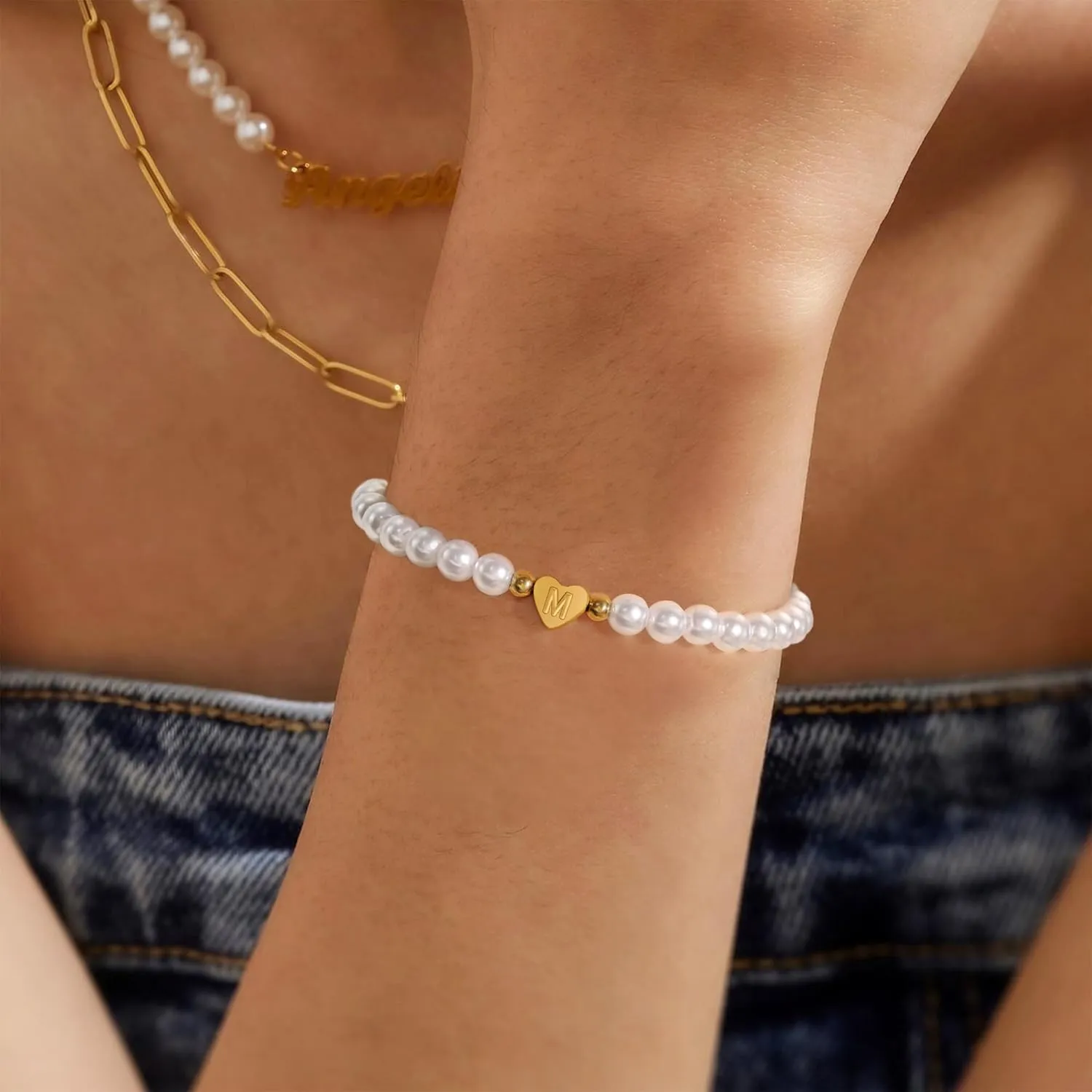 BAYLAY Pearl Initial Bracelet for Women - 18K Gold Plated Heart Letter A-Z Initial Bracelet for Teen Girls Pearl Bracelets for Women Dainty Gold Bracelet Flower Girl Gifts Bridesmaid Proposal Gifts