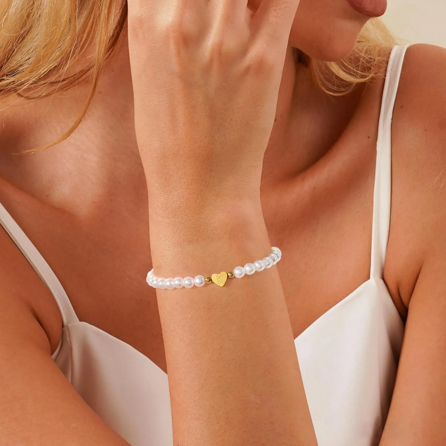 BAYLAY Pearl Initial Bracelet for Women - 18K Gold Plated Heart Letter A-Z Initial Bracelet for Teen Girls Pearl Bracelets for Women Dainty Gold Bracelet Flower Girl Gifts Bridesmaid Proposal Gifts