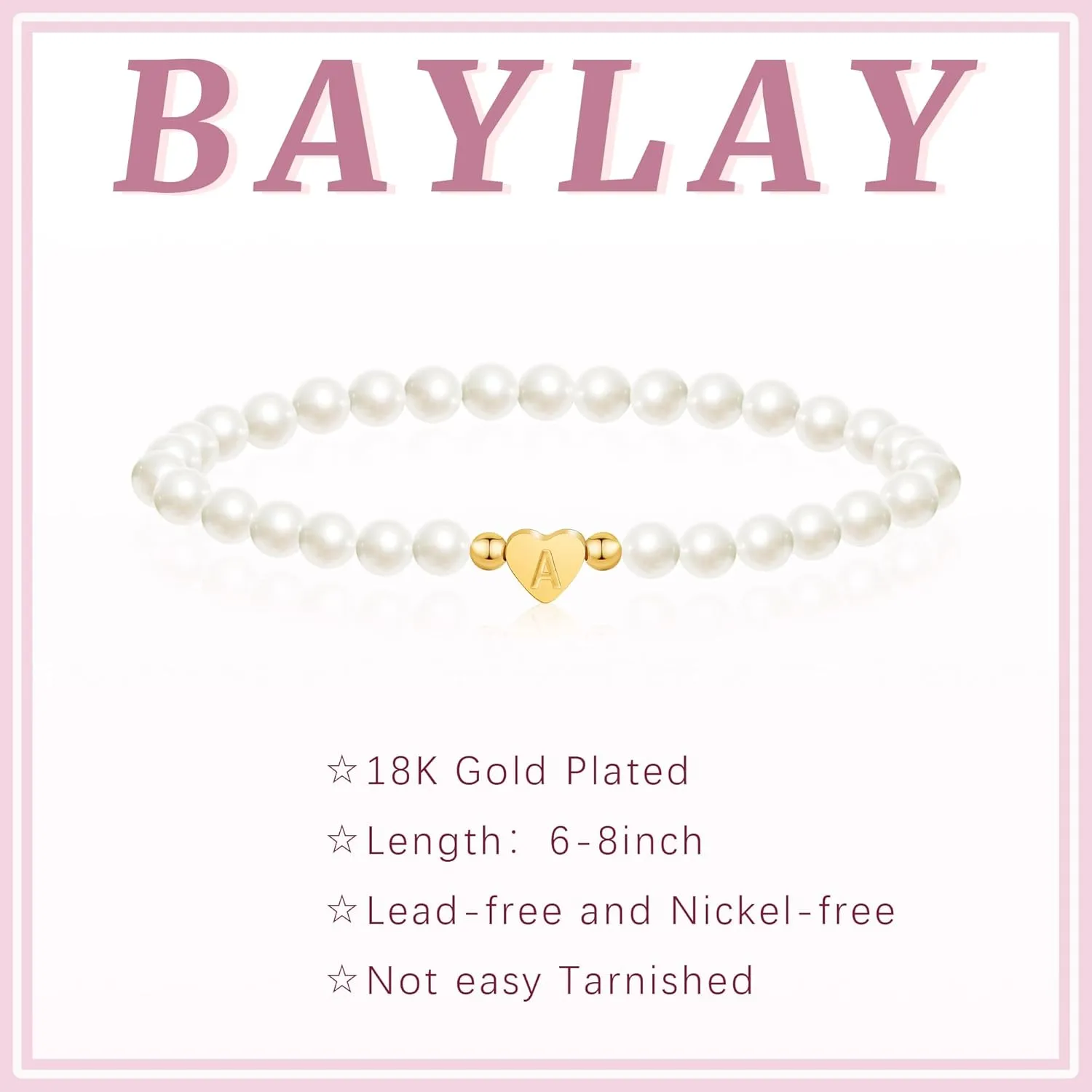 BAYLAY Pearl Initial Bracelet for Women - 18K Gold Plated Heart Letter A-Z Initial Bracelet for Teen Girls Pearl Bracelets for Women Dainty Gold Bracelet Flower Girl Gifts Bridesmaid Proposal Gifts