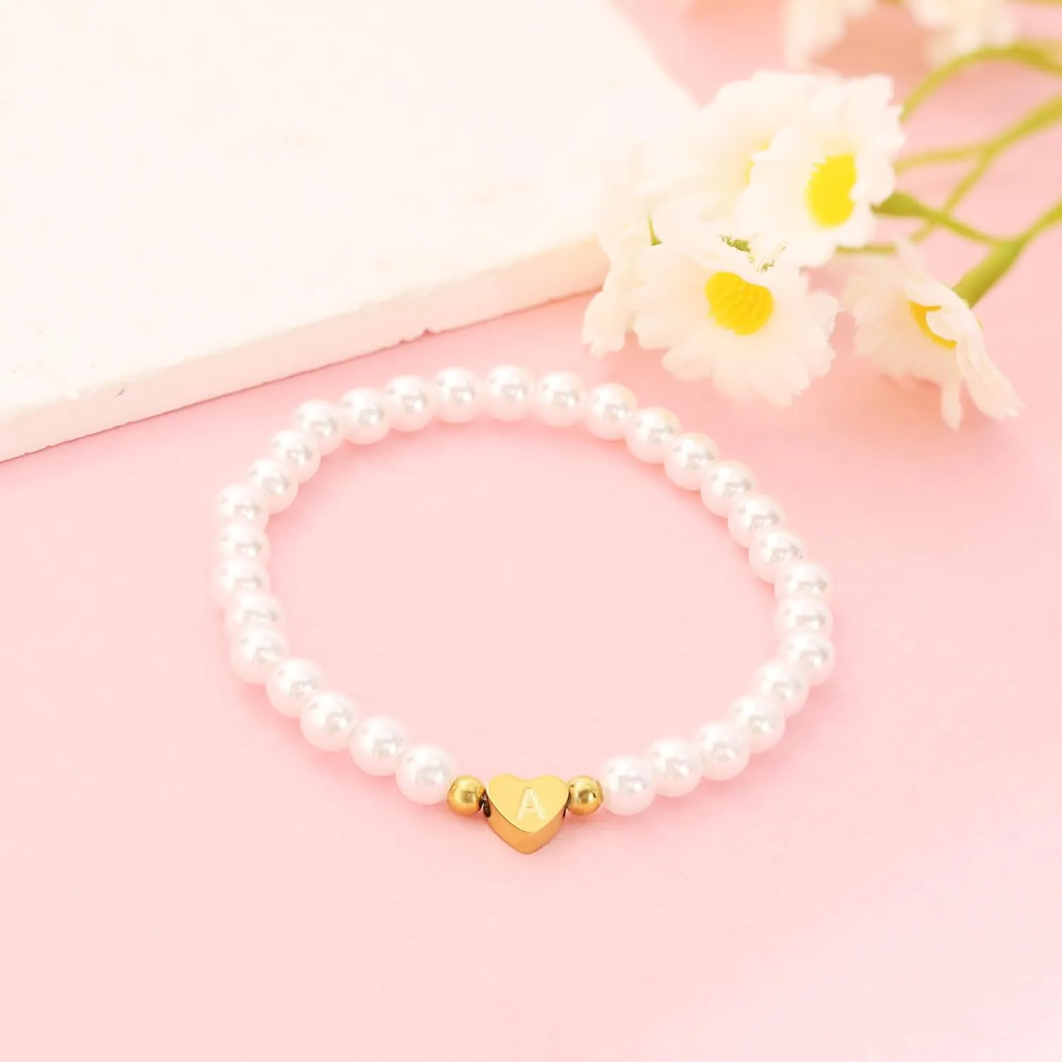 BAYLAY Pearl Initial Bracelet for Women - 18K Gold Plated Heart Letter A-Z Initial Bracelet for Teen Girls Pearl Bracelets for Women Dainty Gold Bracelet Flower Girl Gifts Bridesmaid Proposal Gifts