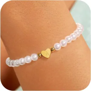 BAYLAY Pearl Initial Bracelet for Women - 18K Gold Plated Heart Letter A-Z Initial Bracelet for Teen Girls Pearl Bracelets for Women Dainty Gold Bracelet Flower Girl Gifts Bridesmaid Proposal Gifts
