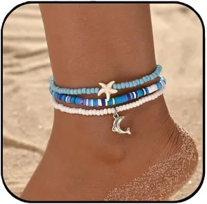 Beach Anklet Bracelet - Bohemian Dolphin Pendant & Starfish Charm Ankle Chain, Waterproof Summer Jewelry for Ocean Vacations/Pool Parties, Women's Boho Foot Accessories