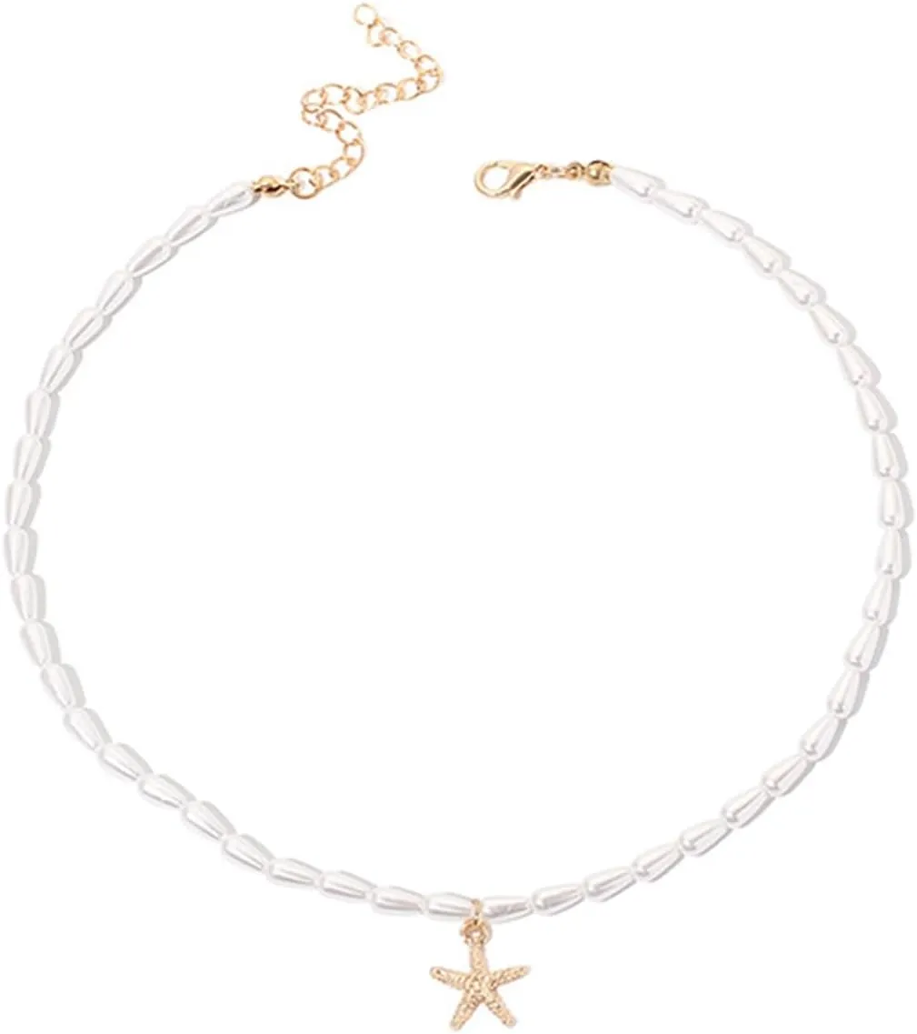 Beach Pearl Necklace for Women Gold Starfish Layerd Necklace Sea Shell Charm Necklace Summer Beach Choker Necklace for Women Jewelry