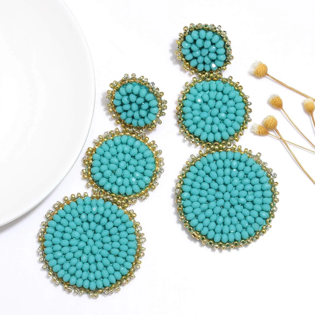 Beaded Drop Earrings Statement Seed Bead Earring for Women Handmade Triple Circle Dangle Earrings for Wedding Party Prom