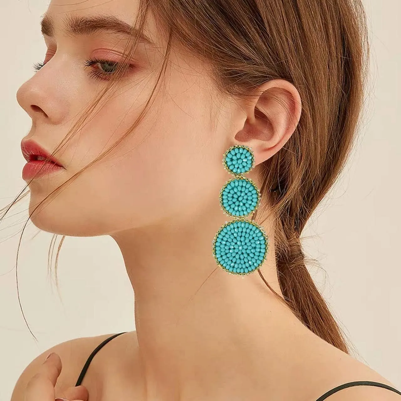 Beaded Drop Earrings Statement Seed Bead Earring for Women Handmade Triple Circle Dangle Earrings for Wedding Party Prom