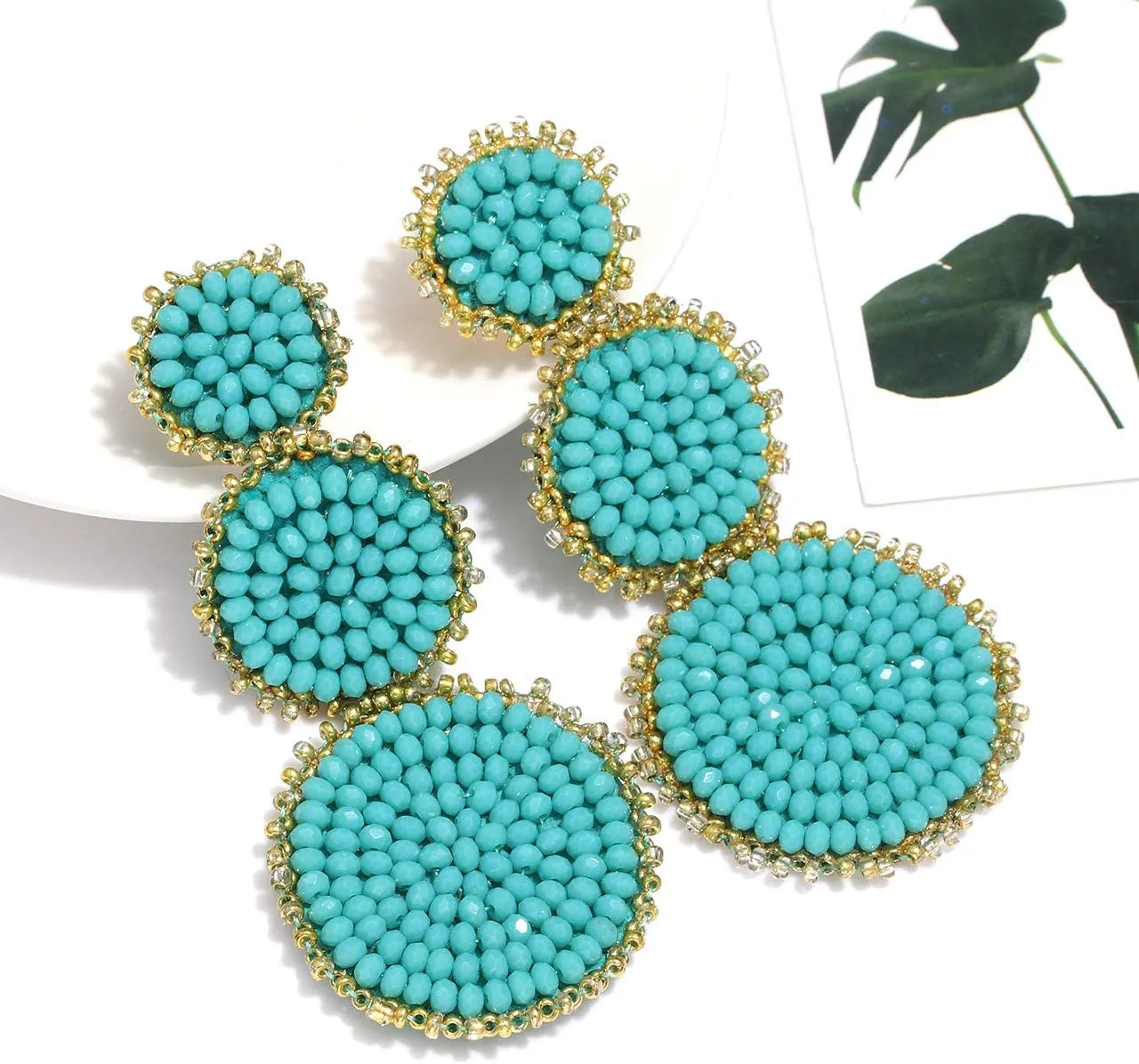Beaded Drop Earrings Statement Seed Bead Earring for Women Handmade Triple Circle Dangle Earrings for Wedding Party Prom