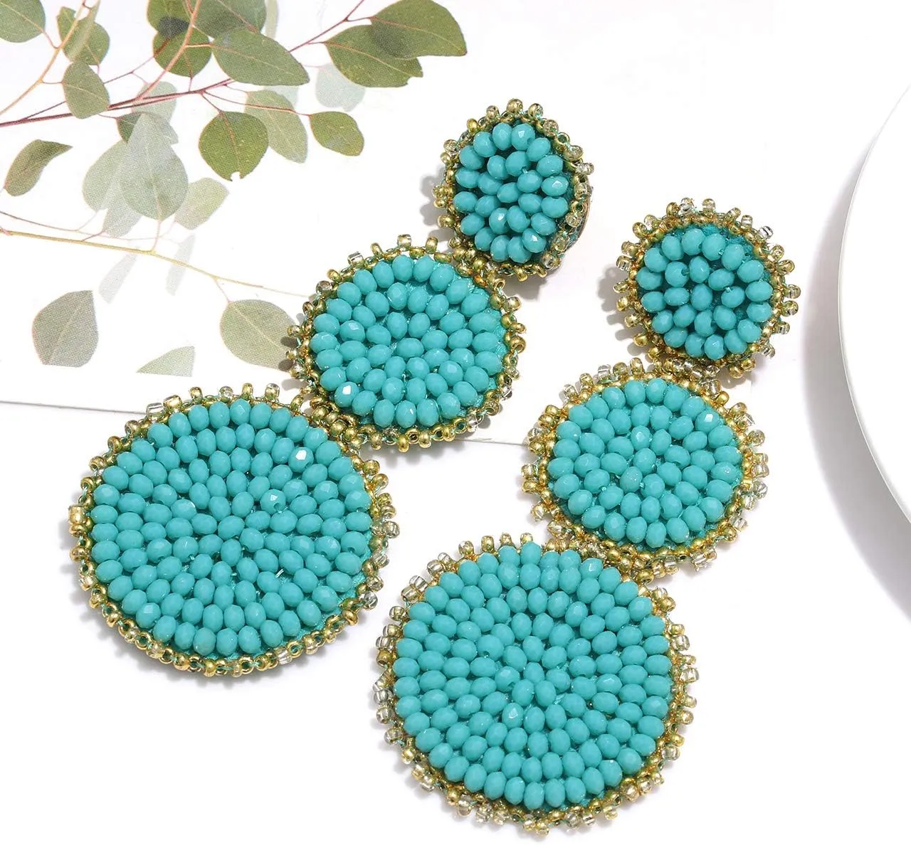 Beaded Drop Earrings Statement Seed Bead Earring for Women Handmade Triple Circle Dangle Earrings for Wedding Party Prom