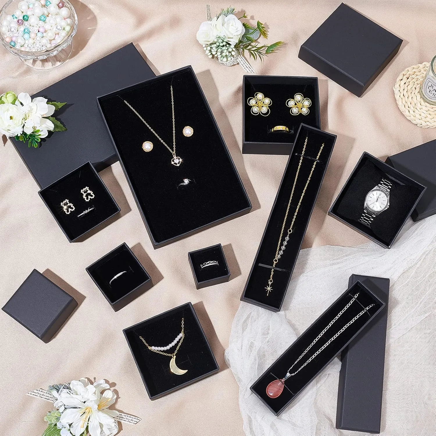 BENECREAT 12 Pack Kraft Rectangle Cardboard Jewelry Boxes Velvet Cushion Necklace Bracelet Kraft Box for Jewelry Set, 8.82 x 2.17 x 1.18 Inches, Black
