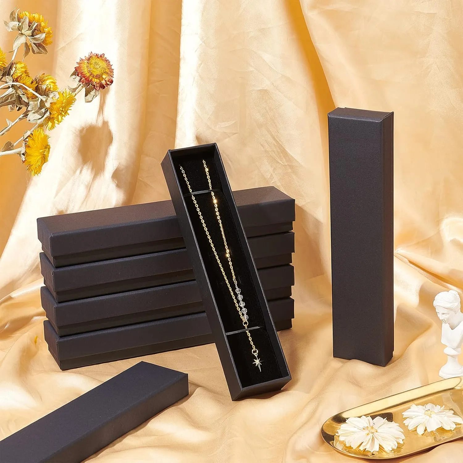 BENECREAT 12 Pack Kraft Rectangle Cardboard Jewelry Boxes Velvet Cushion Necklace Bracelet Kraft Box for Jewelry Set, 8.82 x 2.17 x 1.18 Inches, Black