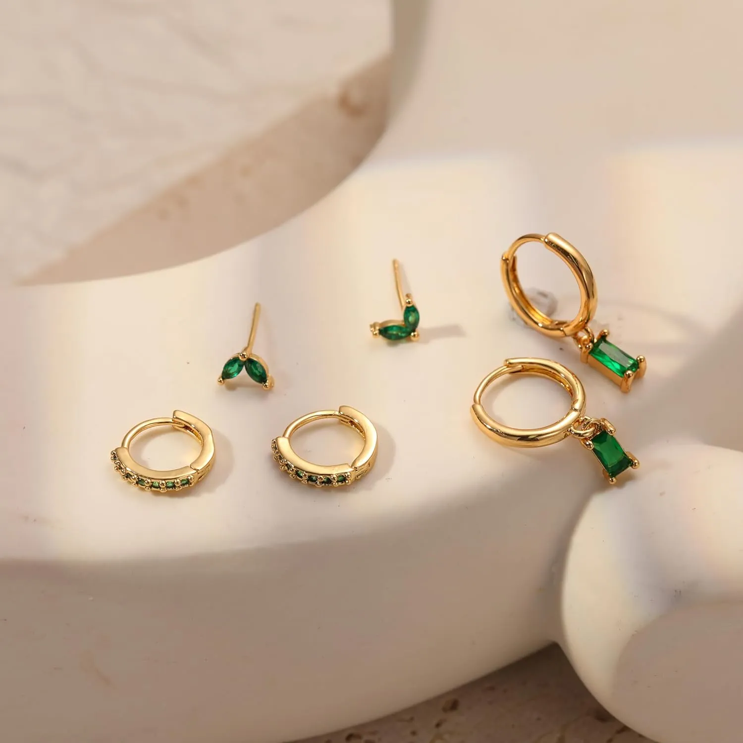 BERISO Gold Hoop Earrings Set for Women,14K Gold Plated Huggie Hoop Earrings Cubic Zirconia Small Earring CZ Spiral Earrings for Women