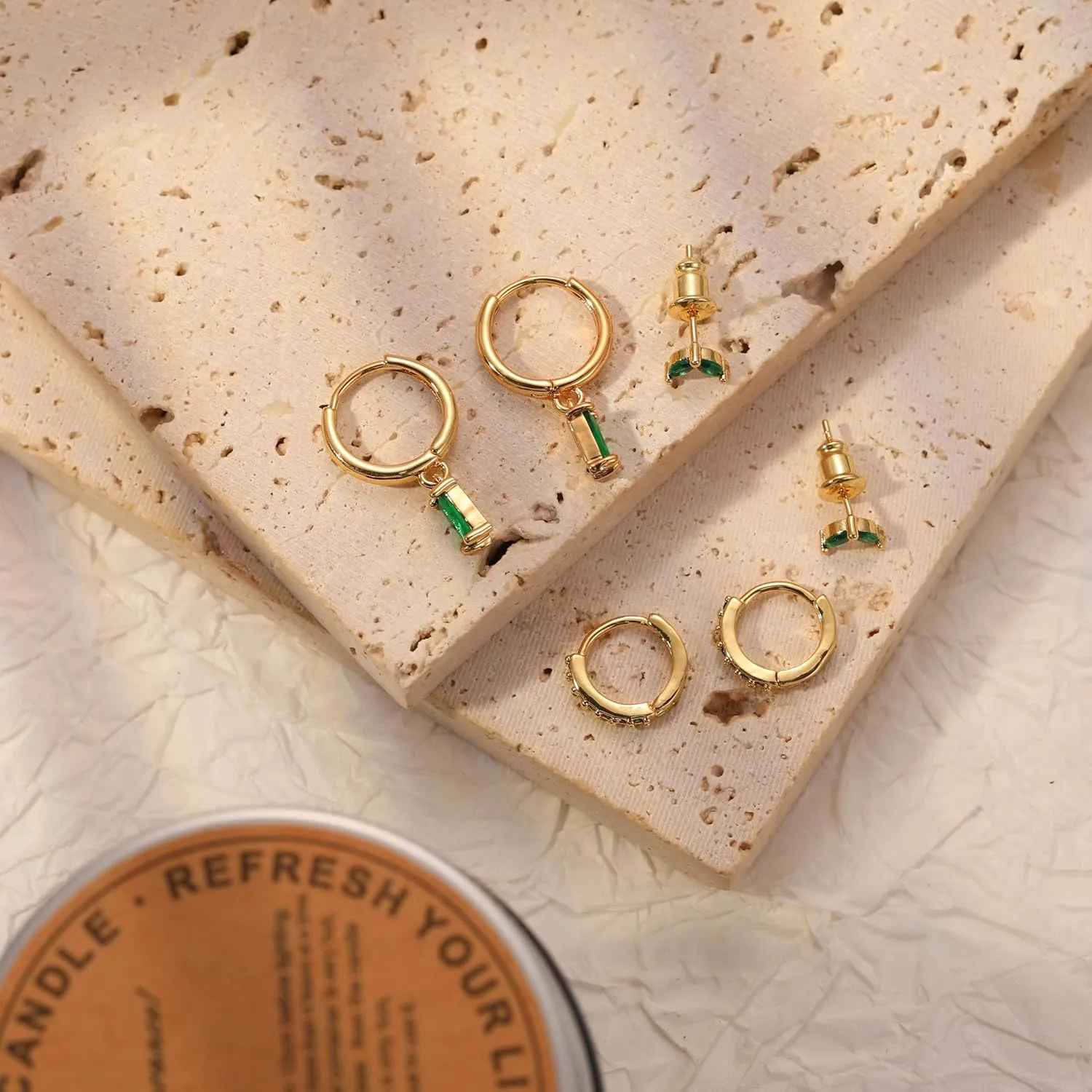 BERISO Gold Hoop Earrings Set for Women,14K Gold Plated Huggie Hoop Earrings Cubic Zirconia Small Earring CZ Spiral Earrings for Women