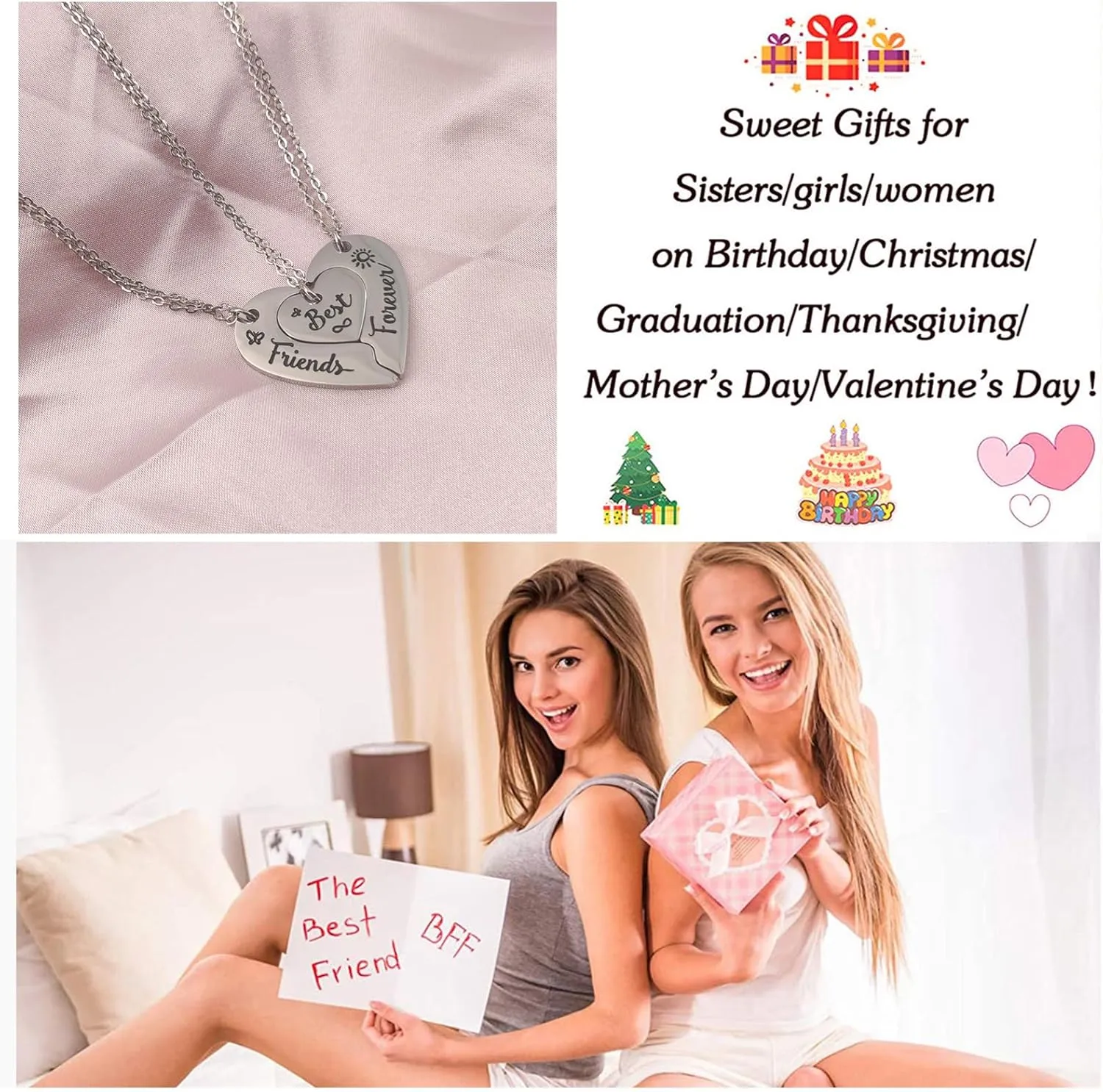 Best Friends Chains BFF Necklace 2 3 Cute Cartoon Split Heart Matching Friendship Necklaces Gifts for 2 3 Womens Daughter Sister BFF.