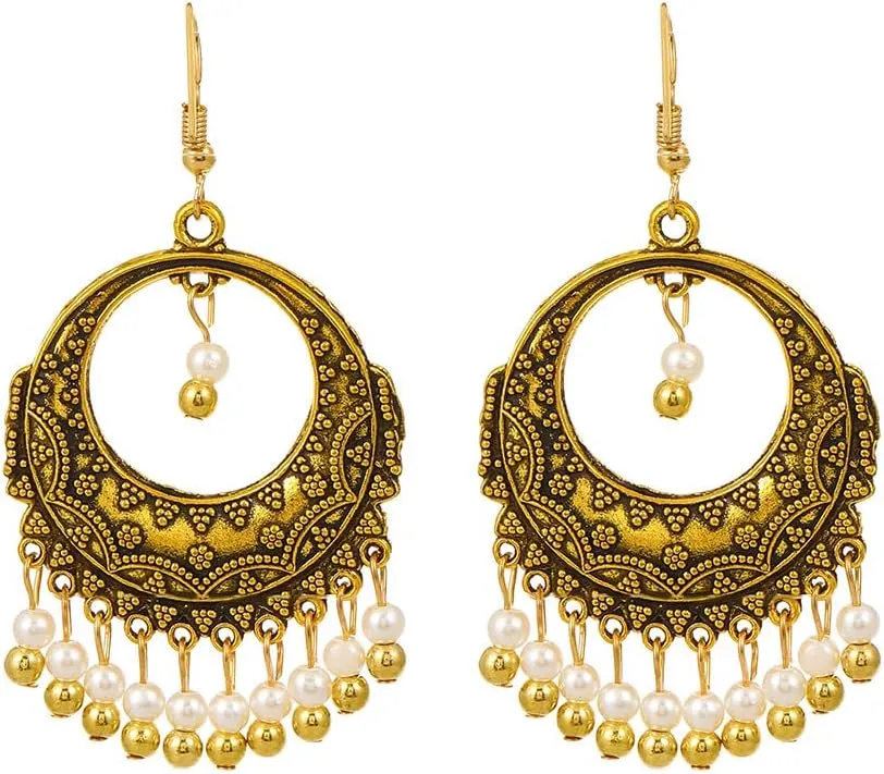 Bethynas Bohemian Beaded Tassel Dangle Drop Earrings Vintage Ethic Crystal Disc Hoop Earrings Retro Indian Tribal Ear Jewelry for Women