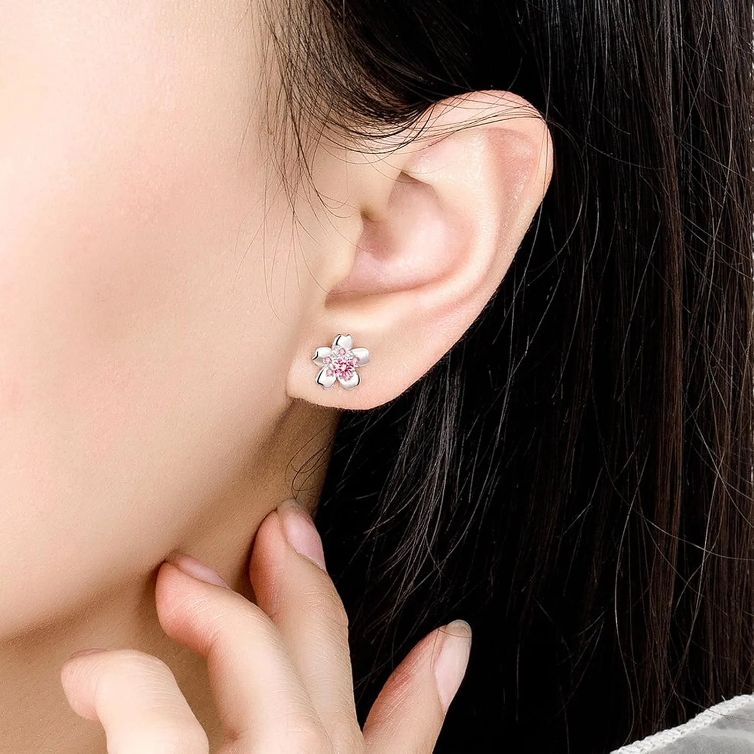 BG&WLing Cherry Flower Stud Earrings for Women 925 Sterling Silver Stud Earrings with Cubic Zirconia Hypoallergenic Cute Jewelry Gift